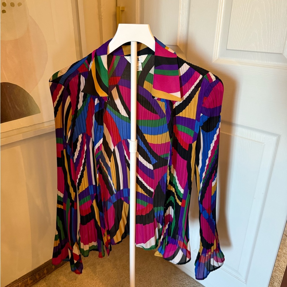 Vintage Pleated Multicolor Geometric Button-Front Women's Top